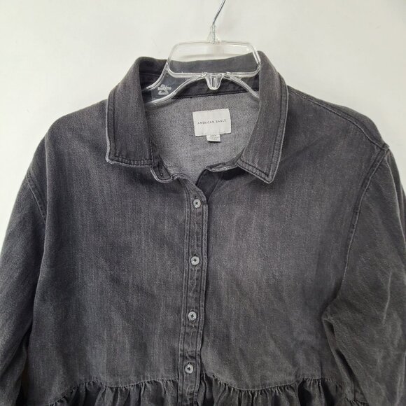 American Eagle washed gray/ black denim button down baby doll  hem size M - Picture 3 of 7